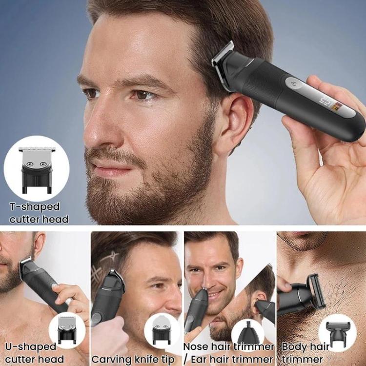 YJ-102 5 In 1 Multifunctional Men Hair Trimmer With Light IPX6 Waterproof For Hair & Nose Trimming - Black