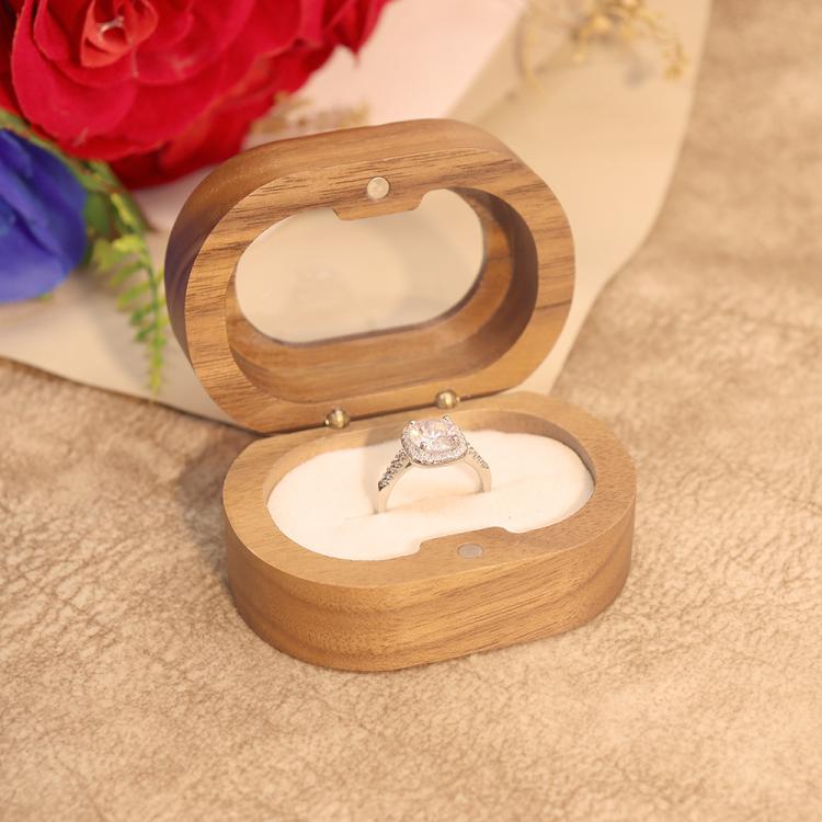 Solid Walnut Wood Jewelry Storage Box With Oval Acrylic Window For Engagement Rings, Earrings, And Accessories Single-Slot Beige