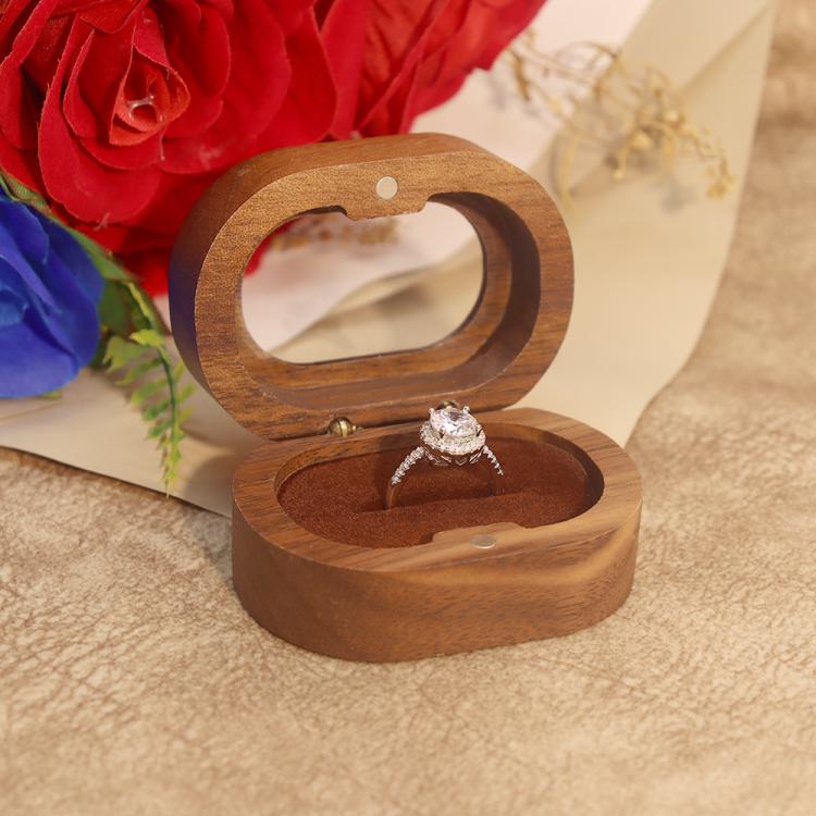 Solid Walnut Wood Jewelry Storage Box With Oval Acrylic Window For Engagement Rings, Earrings, And Accessories Single-Slot Coffee