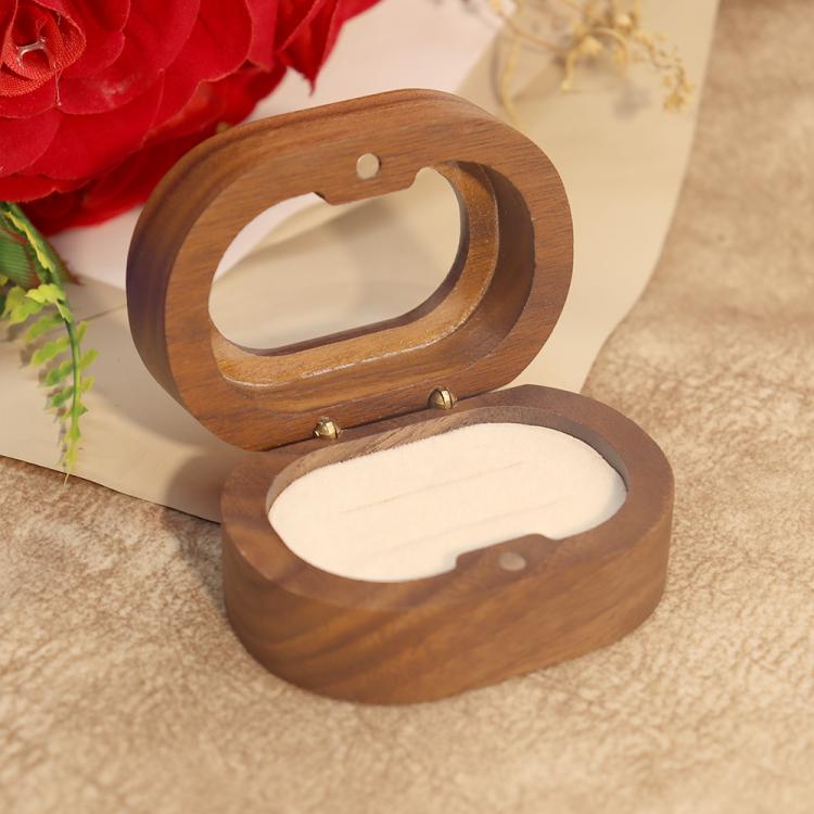 Solid Walnut Wood Jewelry Storage Box With Oval Acrylic Window For Engagement Rings, Earrings, And Accessories Double-Slot Beige