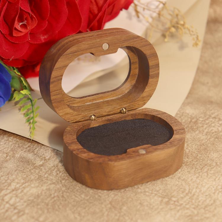 Solid Walnut Wood Jewelry Storage Box With Oval Acrylic Window For Engagement Rings, Earrings, And Accessories Double-Slot Black