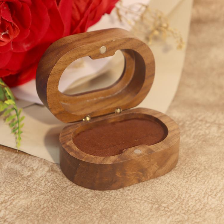 Solid Walnut Wood Jewelry Storage Box With Oval Acrylic Window For Engagement Rings, Earrings, And Accessories Double-Slot Coffee