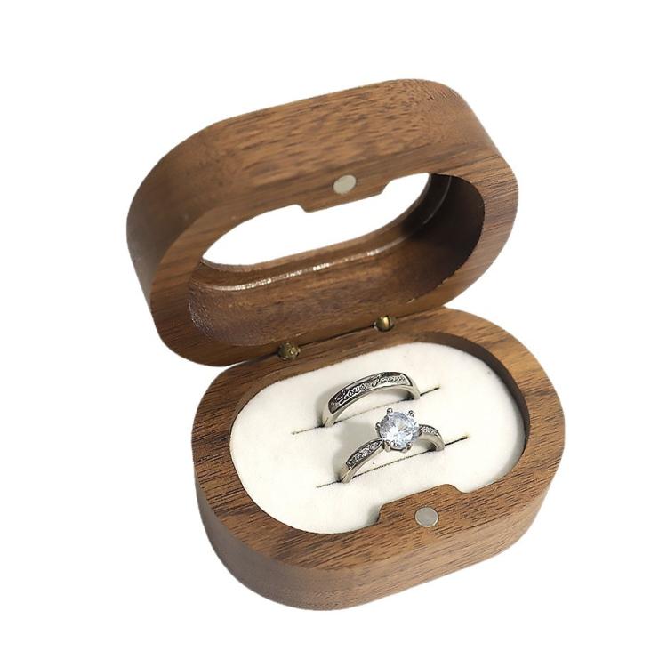 Solid Walnut Wood Jewelry Storage Box With Oval Acrylic Window For Engagement Rings, Earrings, And Accessories Double-Slot Black