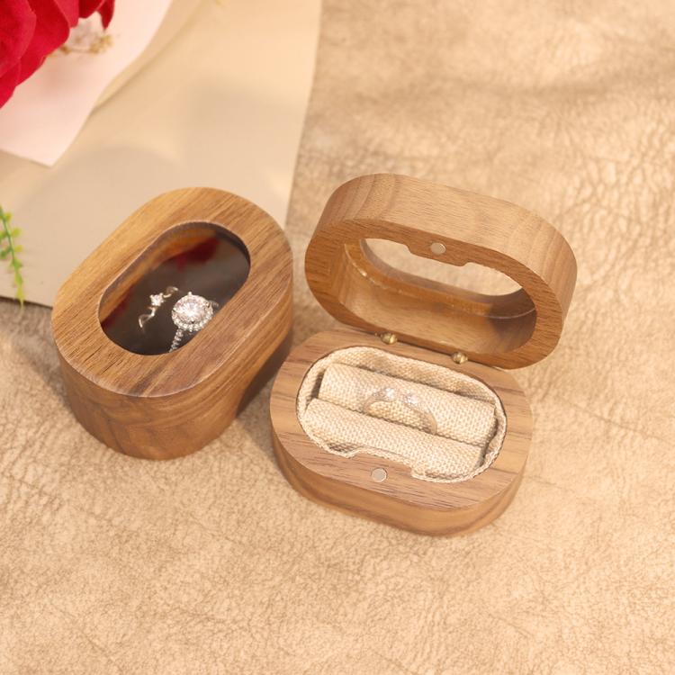 Solid Walnut Wood Jewelry Storage Box With Oval Acrylic Window For Engagement Rings, Earrings, And Accessories Single-Slot Beige