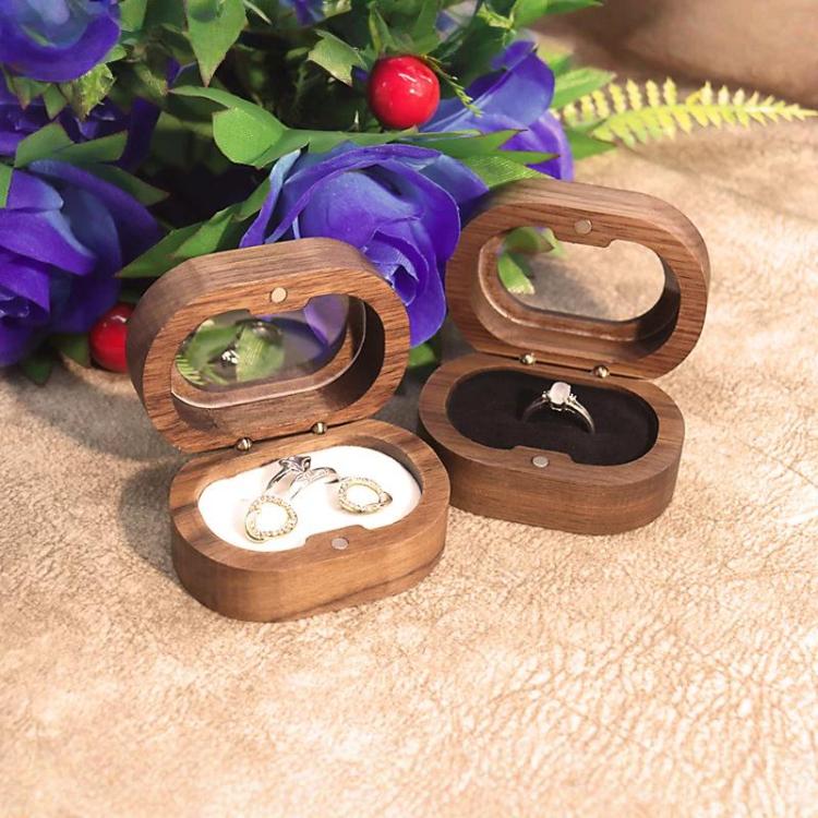 Solid Walnut Wood Jewelry Storage Box With Oval Acrylic Window For Engagement Rings, Earrings, And Accessories Single-Slot Beige