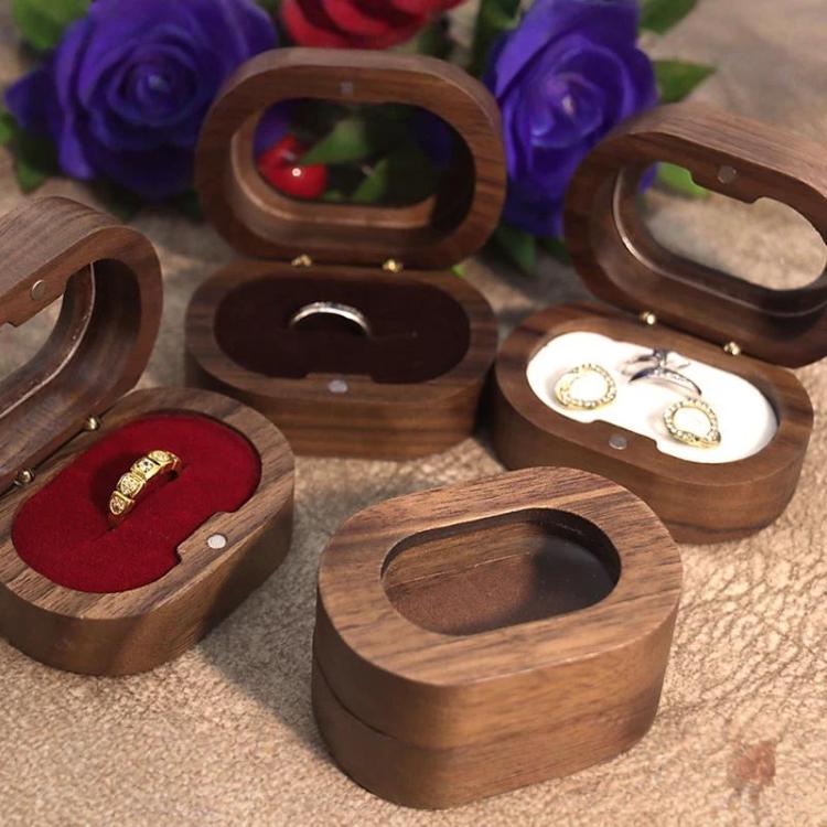 Solid Walnut Wood Jewelry Storage Box With Oval Acrylic Window For Engagement Rings, Earrings, And Accessories Double-Slot Beige