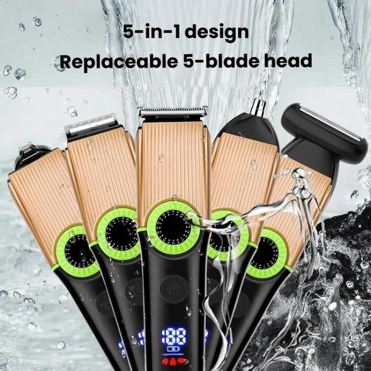 5 In 1 Multifunctional Rechargeable Hair Clipper With Digital Display IPX6 Waterproof Nose & Body Hair Trimmer - Black