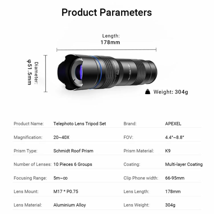 APEXEL Universal All-Metal 20-40x Telephoto Zoom Lens for Smartphones HD Phone Telescope for Moon & Concert Photography - Black