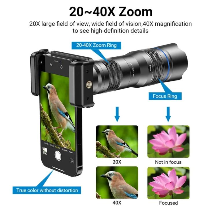 APEXEL Universal All-Metal 20-40x Telephoto Zoom Lens for Smartphones HD Phone Telescope for Moon & Concert Photography - Black