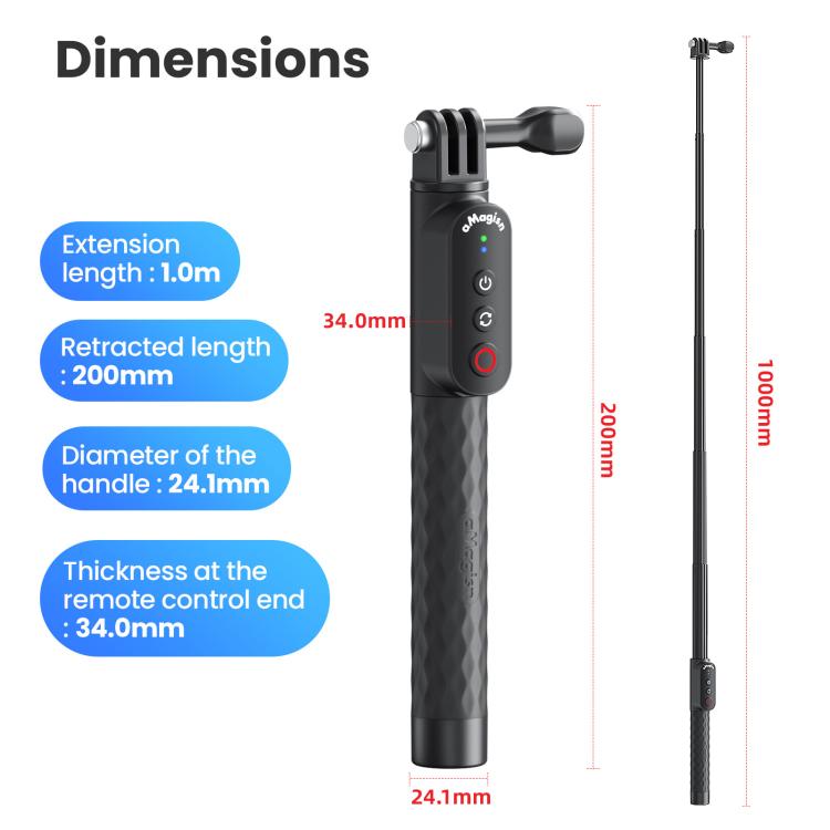 AMagisn Selfie Stick With Remote For Action Cameras & Smartphones, 5.1 Bluetooth, Extendable To 40in, Spec: 1/4 Inch