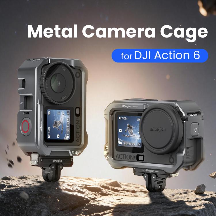 For DJI OSMO Action 6 aMagisn Metal Cage Quick Release Protective Frame with Silicone Lens Cap - Black