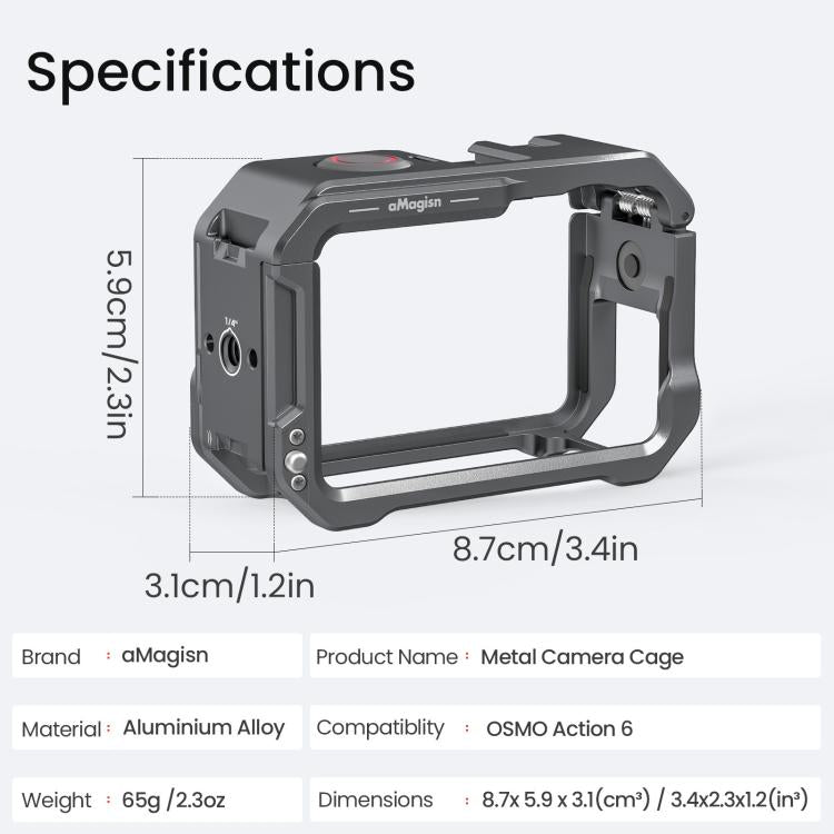 For DJI OSMO Action 6 aMagisn Metal Cage Quick Release Protective Frame with Silicone Lens Cap - Black