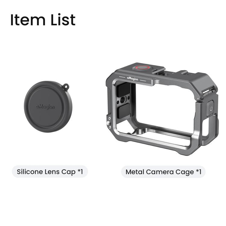 For DJI OSMO Action 6 aMagisn Metal Cage Quick Release Protective Frame with Silicone Lens Cap - Black