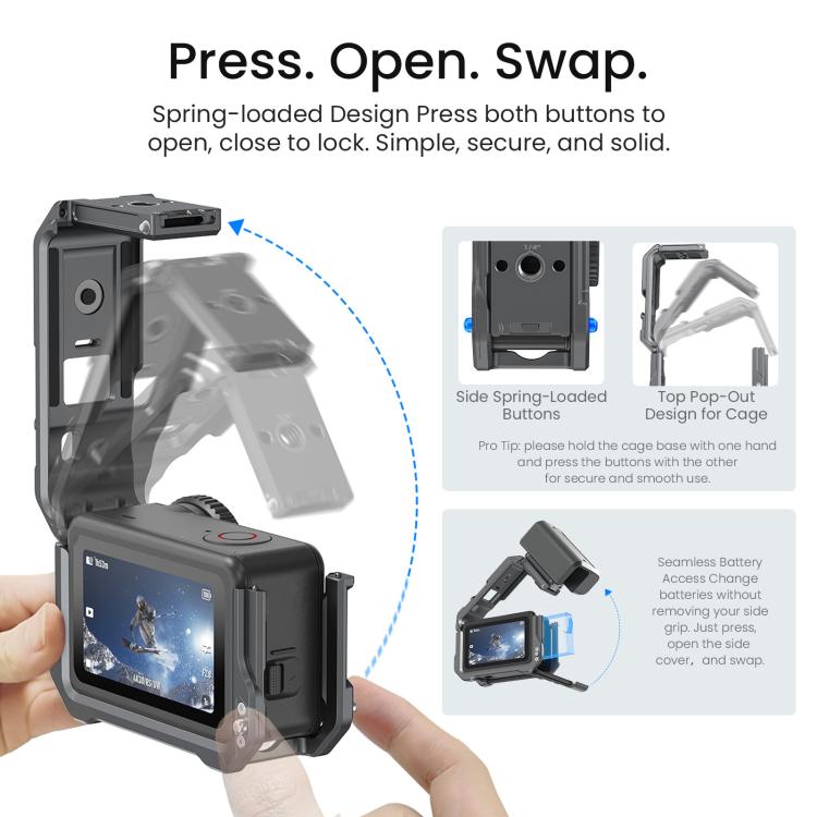 For DJI OSMO Action 6 aMagisn Metal Cage Quick Release Protective Frame with Silicone Lens Cap - Black