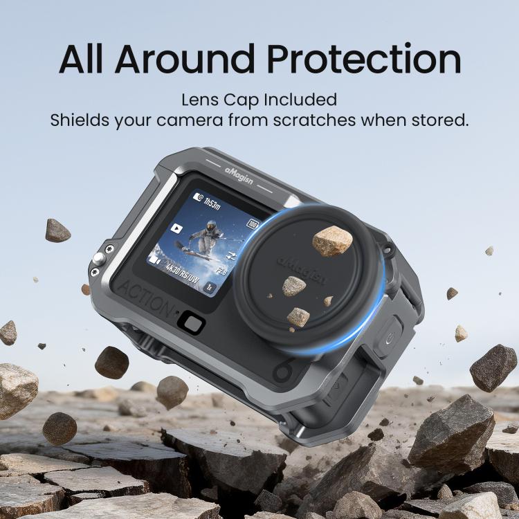 For DJI OSMO Action 6 aMagisn Metal Cage Quick Release Protective Frame with Silicone Lens Cap - Black
