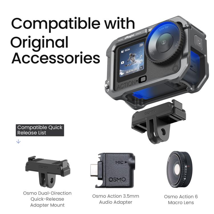 For DJI OSMO Action 6 aMagisn Metal Cage Quick Release Protective Frame with Silicone Lens Cap - Black