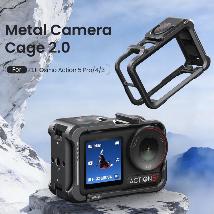 For DJI OSMO Action 5 Pro /4/3 aMagisn Metal Camera Cage2.0 Quick Release Protective Frame with Silicone Lens Cap - Black