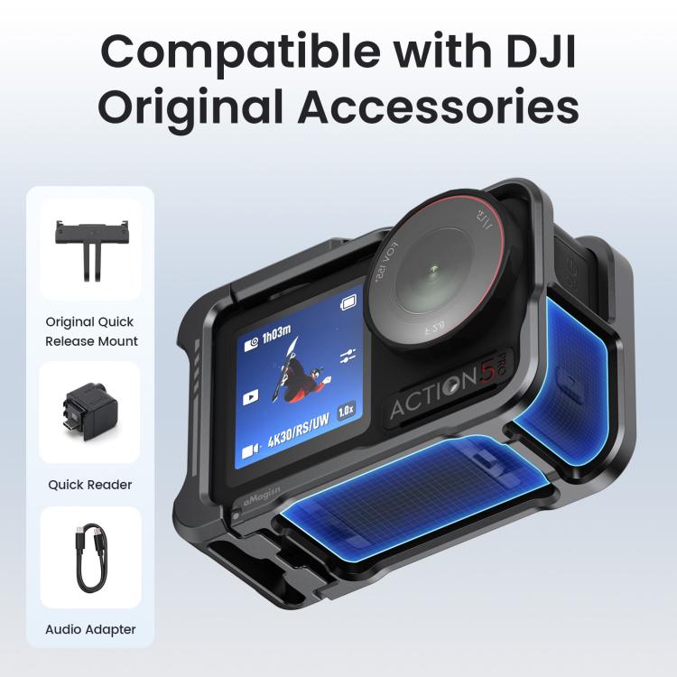 For DJI OSMO Action 5 Pro /4/3 aMagisn Metal Camera Cage2.0 Quick Release Protective Frame with Silicone Lens Cap - Black