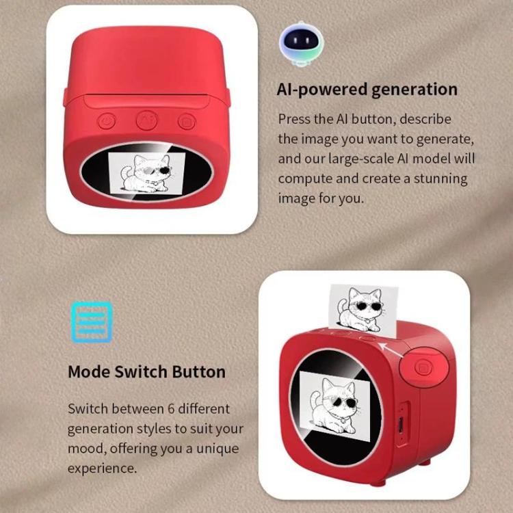 AI Thermal Printer With Voice-To-Image Generation 6 Creative Modes & 2.4-Inch HD Screen For Kids - Red