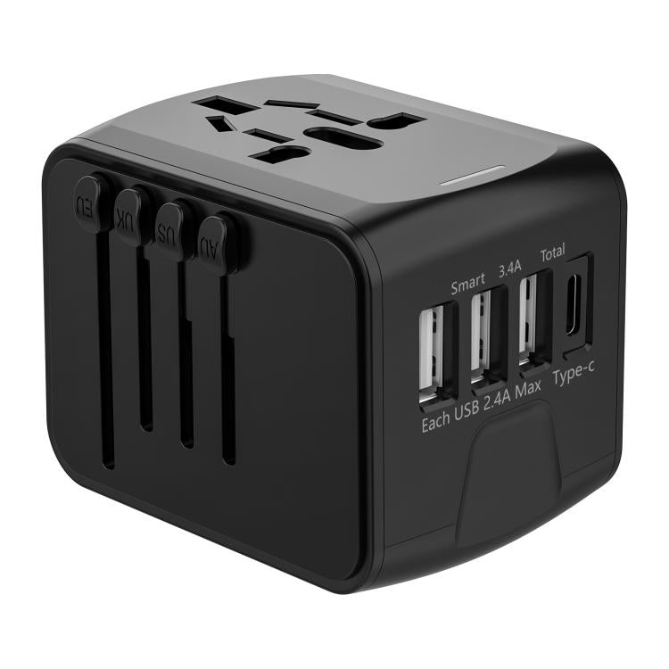 Travel Adapter 3 USB+Type-C Universal Socket Multi-Function Charger, US/EU/UK/AU Plug
