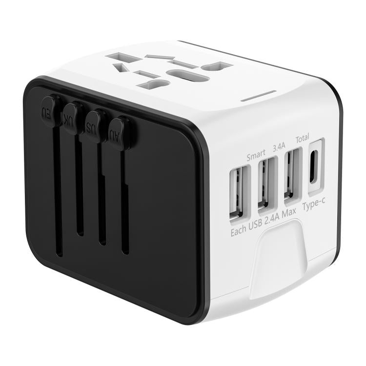 Travel Adapter 3 USB+Type-C Universal Socket Multi-Function Charger, US/EU/UK/AU Plug
