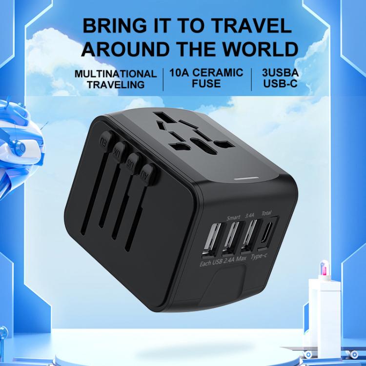 Travel Adapter 3 USB+Type-C Universal Socket Multi-Function Charger, US/EU/UK/AU Plug
