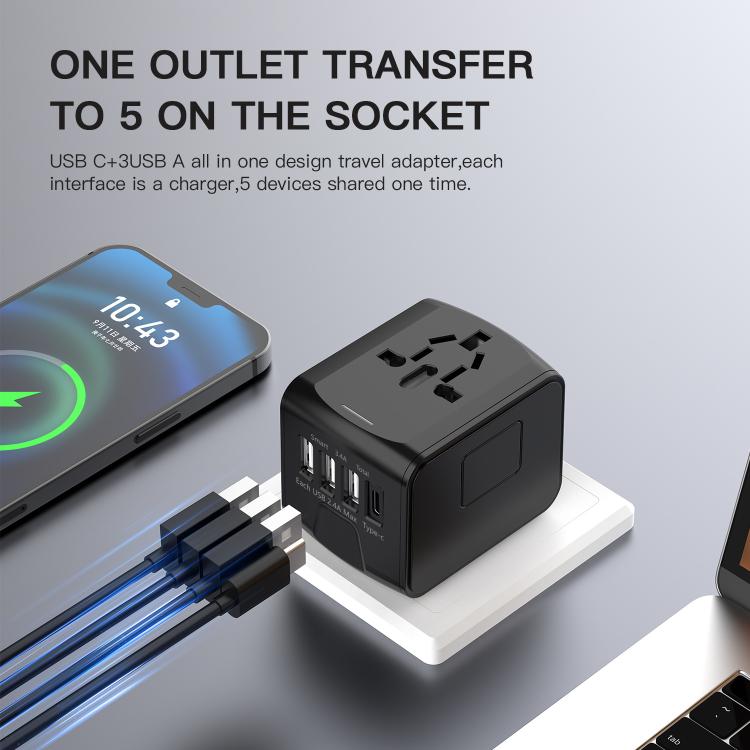Travel Adapter 3 USB+Type-C Universal Socket Multi-Function Charger, US/EU/UK/AU Plug