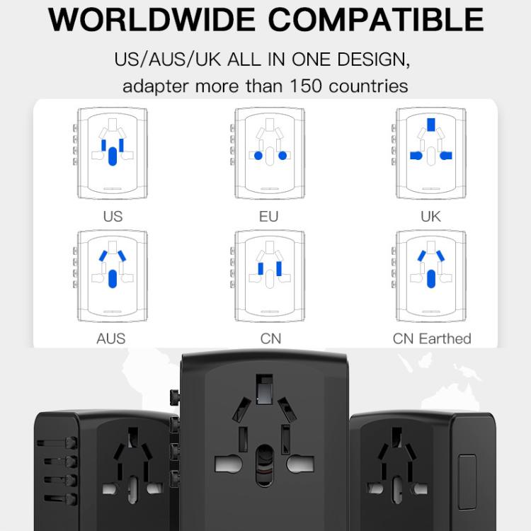 Travel Adapter 3 USB+Type-C Universal Socket Multi-Function Charger, US/EU/UK/AU Plug