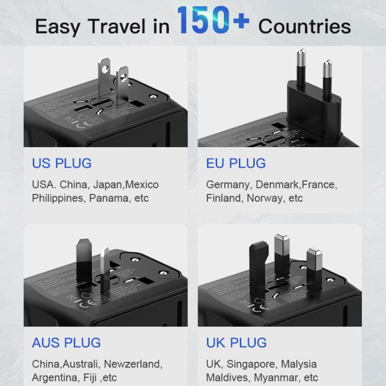 Travel Adapter 3 USB+Type-C Universal Socket Multi-Function Charger, US/EU/UK/AU Plug
