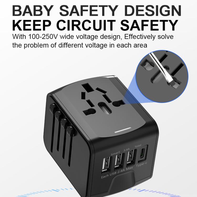 Travel Adapter 3 USB+Type-C Universal Socket Multi-Function Charger, US/EU/UK/AU Plug
