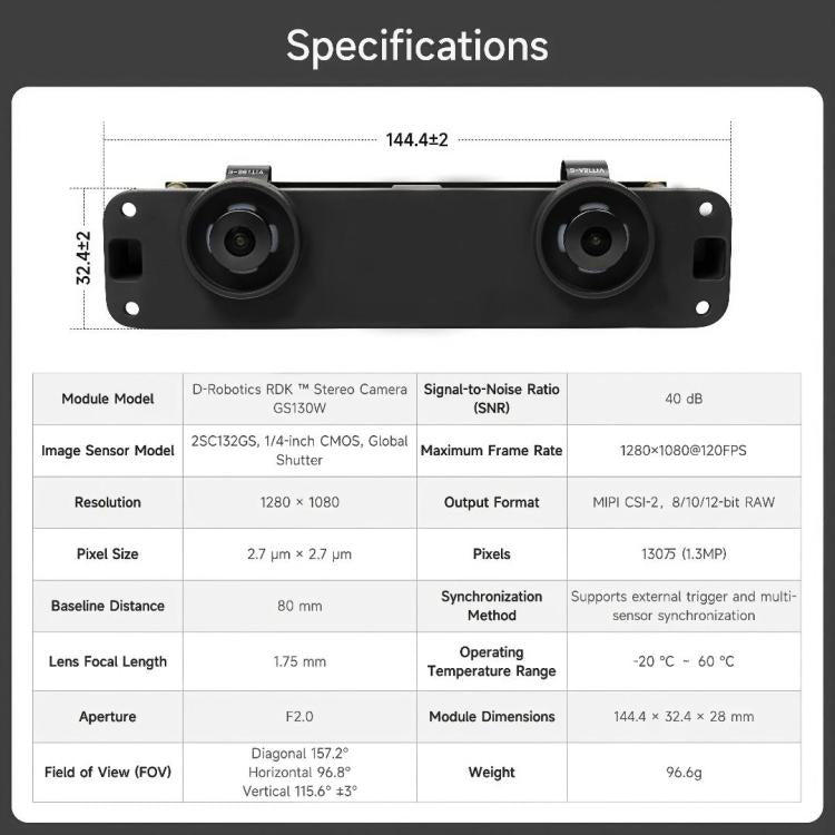 YAHBOOM D-Robotics RDK GS130W Stereo Camera For RDK X5/S100 P Dual 1.3MP Color Sensors