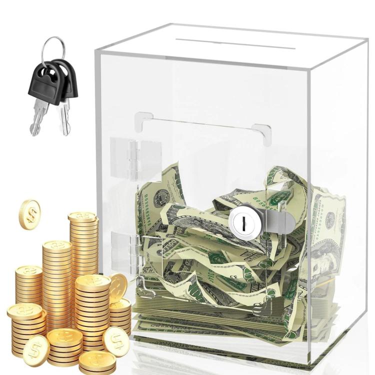 Acrylic Banknote Coin Piggy Bank With Lock - Transparent