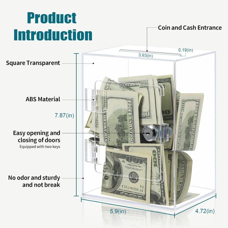 Acrylic Banknote Coin Piggy Bank With Lock - Transparent