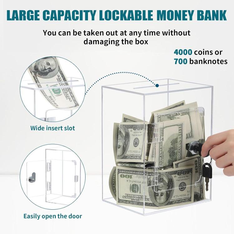 Acrylic Banknote Coin Piggy Bank With Lock - Transparent