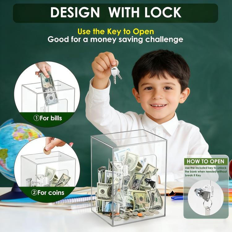 Acrylic Banknote Coin Piggy Bank With Lock - Transparent