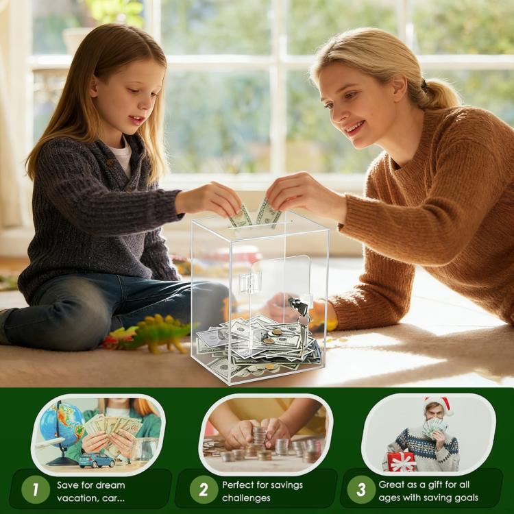 Acrylic Banknote Coin Piggy Bank With Lock - Transparent
