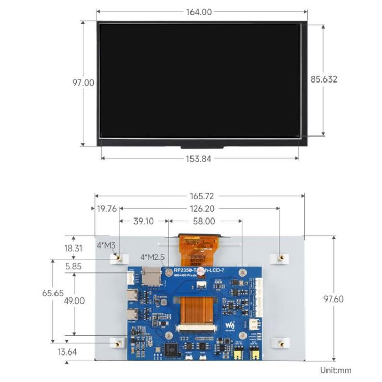 Waveshare RP2350 7 Inch LCD Development Board, 800 X 480 Resolution, 65K Color, Supports Dual-Core And Dual-Architecture, Spec: No Touch Control