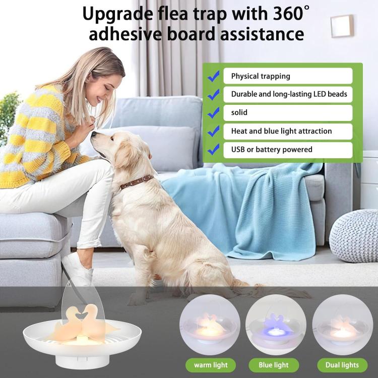 Flea & Mosquito Trap USB/AAA Battery Powered Indoor/Outdoor Insect Catcher with Blue & Warm Light - White