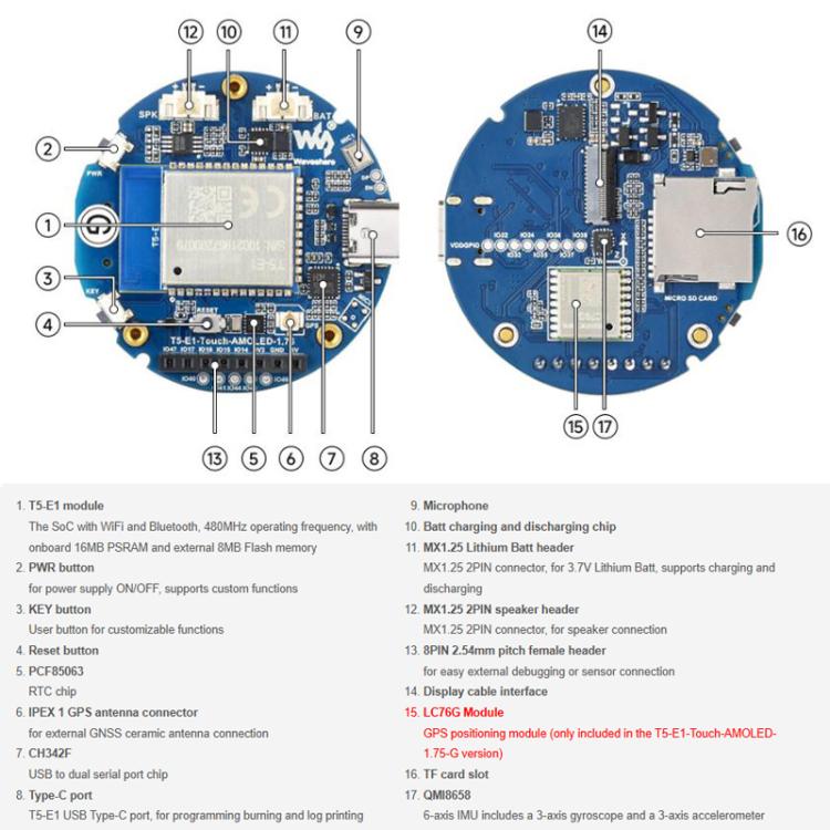 Waveshare Tuya T5-E1 1.75 Inch AMOLED Round Development Board QSPI Interface AI Large Models, Spec: Standard