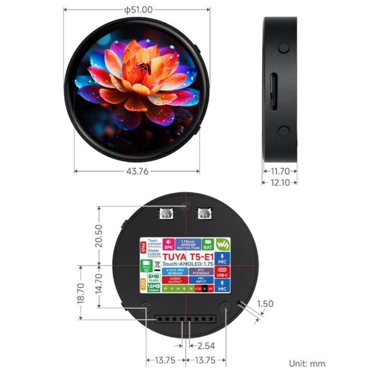 Waveshare Tuya T5-E1 1.75 Inch AMOLED Round Development Board QSPI Interface AI Large Models, Spec: GPS