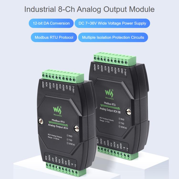 Waveshare Industrial 8-Ch Analog Output Module 12-Bit DA Conversion  Current