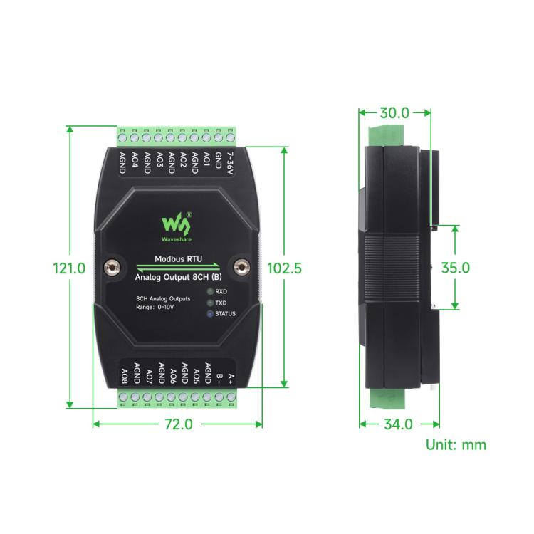 Waveshare Industrial 8-Ch Analog Output Module 12-Bit DA Conversion  Current