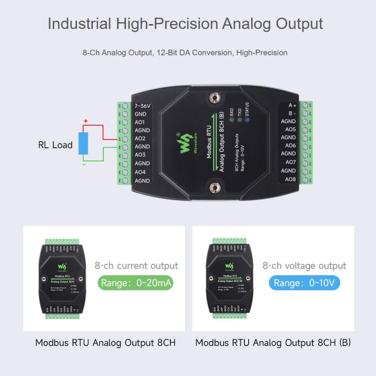 Waveshare Industrial 8-Ch Analog Output Module 12-Bit DA Conversion  Current