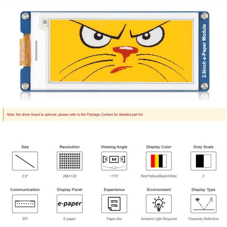 WAVESHARE 2.9inch E-Paper Display  E-Ink Display, 296x128, Red/Yellow/Black/White, SPI Interface, Spec: With Driver Board