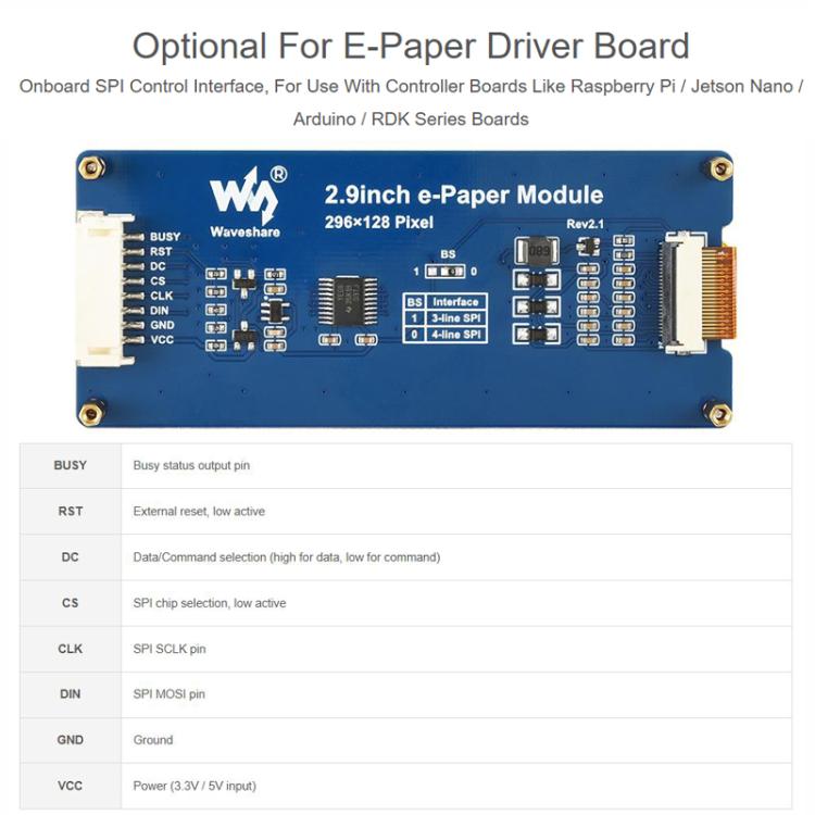 WAVESHARE 2.9inch E-Paper Display  E-Ink Display, 296x128, Red/Yellow/Black/White, SPI Interface, Spec: Raw Display