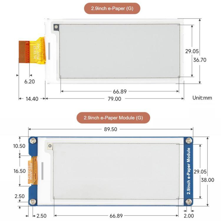 WAVESHARE 2.9inch E-Paper Display  E-Ink Display, 296x128, Red/Yellow/Black/White, SPI Interface, Spec: Raw Display