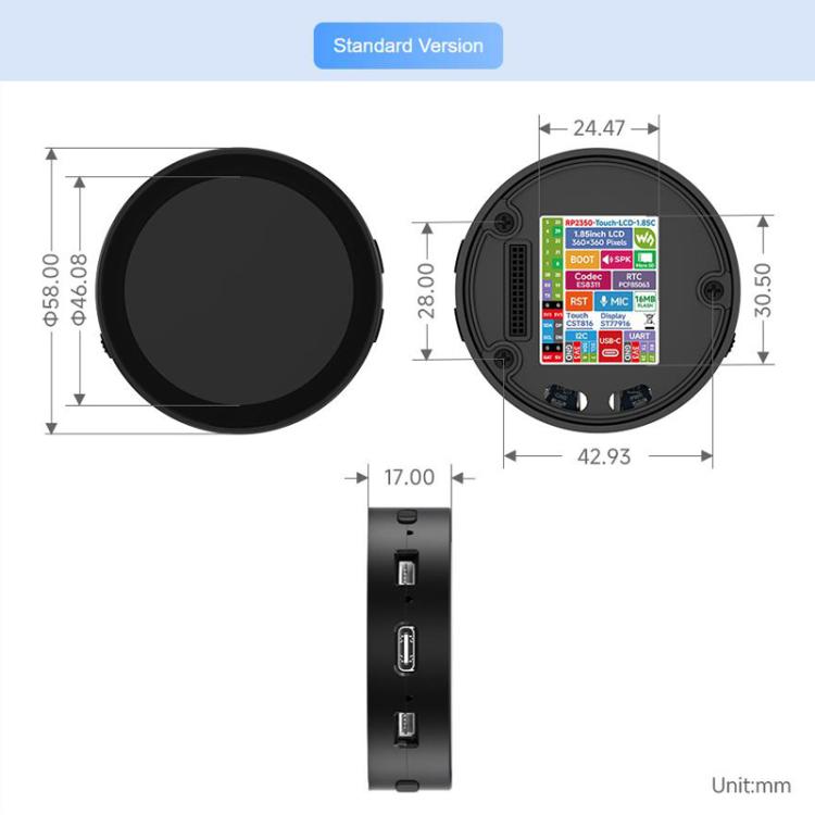 RP2350 1.85 Inch Round LCD Development Board, 360×360, 65K Color, Dual-Core And Dual-Architecture Design, Spec: Standard