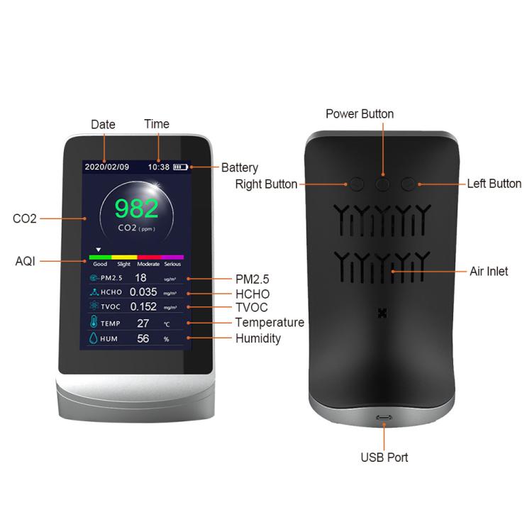 10-In-1 Air Quality Monitor With Data Export To PC Detector For CO2, PM2.5, PM10, HCHO, TVOC, Temperature & Humidity - DM72B