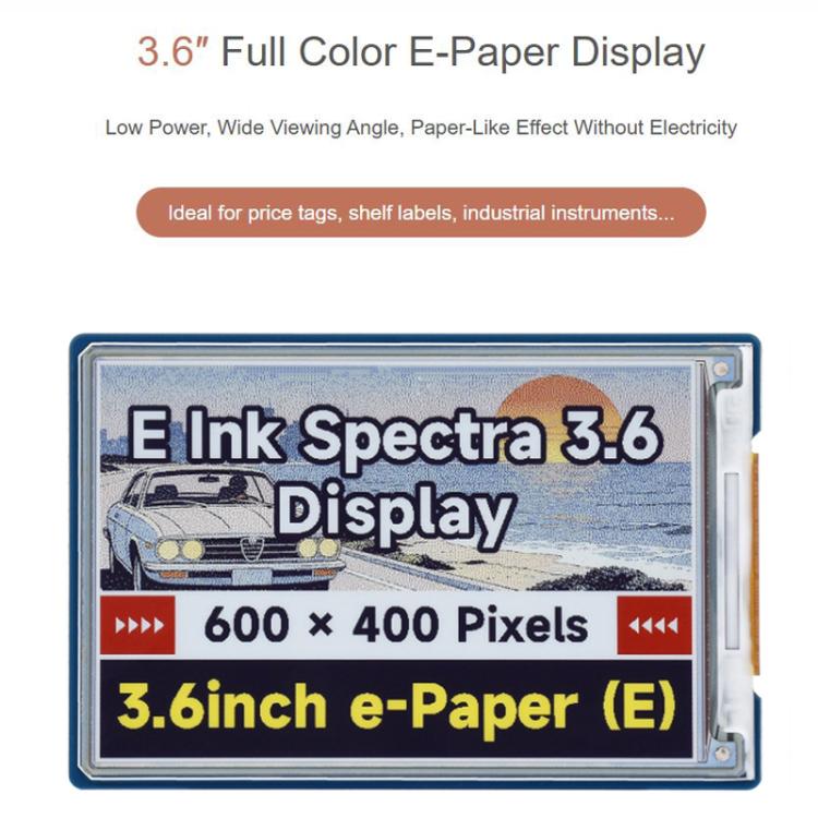WAVESHARE 3.6 Inch E-Paper E6 Full-Color E-Ink Display, 600×400 Pixels, Spec: With Driver Board