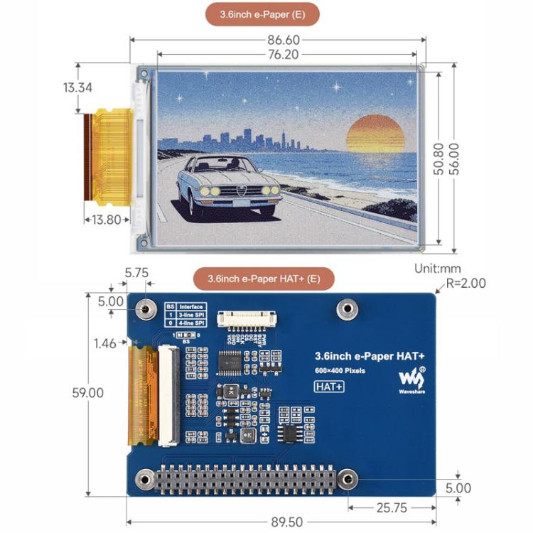 WAVESHARE 3.6 Inch E-Paper E6 Full-Color E-Ink Display, 600×400 Pixels, Spec: Raw Display